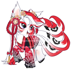 Size: 1158x1118 | Tagged: safe, artist:kawaiighetto, oc, oc only, kitsune, kitsune pony, original species, pony, braid, clothes, female, flower, flower in hair, kimono (clothing), mare, obtrusive watermark, simple background, smiling, solo, transparent background, watermark
