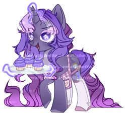 Size: 1132x1034 | Tagged: safe, artist:kawaiighetto, oc, oc only, pony, unicorn, apron, clothes, cupcake, female, food, glowing, glowing horn, horn, magic, mare, obtrusive watermark, simple background, smiling, solo, telekinesis, transparent background, unicorn oc, watermark