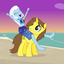 Size: 1920x1920 | Tagged: safe, artist:grapefruit-face, derpibooru exclusive, trixie, oc, oc:grapefruit face, human, pony, unicorn, equestria girls, g4, barefoot, beach, belly button, blushing, canon x oc, clothes, duo, feet, female, grapexie, horses doing horse things, humans riding ponies, looking at someone, male, outdoors, riding, riding a pony, sarong, shipping, straight, sunset, swimsuit