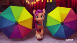 Size: 360x202 | Tagged: safe, edit, edited screencap, screencap, pipp petals, sunny starscout, zipp storm, earth pony, pegasus, pony, g5, my little pony: a new generation, spoiler:my little pony: a new generation, 3d, adorapipp, adorazipp, animated, bag, cute, dancing, female, fit right in (g5), gif, happy, imgflip, lights, logo, looking at each other, looking at someone, mare, netflix, netflix logo, reversed, royal sisters (g5), siblings, singing, sisters, smiling, spinning, trio, umbrella