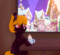 Size: 1664x1530 | Tagged: safe, artist:thatonefluffs, oc, bat pony, pony, chocolate, commission, cute, food, hot chocolate, shading, sitting, sitting at table, snow, snowfall, solo, window