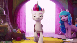 Size: 360x202 | Tagged: safe, edit, edited screencap, screencap, izzy moonbow, zipp storm, pegasus, pony, unicorn, g5, my little pony: a new generation, spoiler:my little pony: a new generation, 3d, animated, bracelet, cloak, clothes, curtains, cute, dancing, duo, fake horn, female, fit right in (g5), gif, happy, headbob, imgflip, izzybetes, jewelry, logo, long hair, looking at you, mare, netflix, netflix logo, reversed, singing, smiling, smirk, smug, smugzipp, song, wobbling, yarn