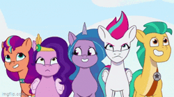 Size: 360x202 | Tagged: safe, edit, edited screencap, screencap, hitch trailblazer, izzy moonbow, pipp petals, sunny starscout, zipp storm, earth pony, pegasus, pony, unicorn, g5, my little pony: tell your tale, queens for a day, spoiler:g5, spoiler:my little pony: tell your tale, spoiler:tyts01e17, animated, annoyed, door, female, gif, grin, group, imgflip, jewelry, male, mane five, mane stripe sunny, mare, nervous, nervous smile, pipp petals is not amused, reversed, royal sisters (g5), siblings, silly, sisters, smiling, stallion, tiara, unamused, zipp storm is not amused