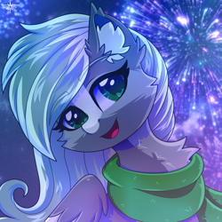 Size: 1500x1500 | Tagged: safe, artist:stesha, oc, oc only, oc:jade stonesetter, pegasus, pony, bust, chest fluff, clothes, commission, cute, ear fluff, eyebrows, eyebrows visible through hair, female, fireworks, green eyes, heart, heart eyes, looking away, mare, night, open mouth, open smile, pegasus oc, portrait, scarf, smiling, solo, wingding eyes, ych result