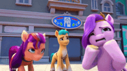 Size: 360x202 | Tagged: safe, edit, edited screencap, screencap, hitch trailblazer, pipp petals, sunny starscout, bird, earth pony, pegasus, pony, seagull, g5, my little pony: make your mark, my little pony: make your mark chapter 1, spoiler:my little pony: make your mark, 3d, animated, bag, building, carrying, female, flying, gif, happy, imgflip, jewelry, looking up, male, mane stripe sunny, mare, phone, pipp petals is best facemaker, rails, reversed, shocked, shocked expression, stallion, tiara, trio, worried