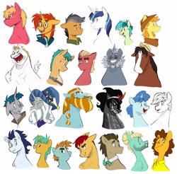 Size: 4096x4029 | Tagged: safe, artist:chub-wub, alphabittle blossomforth, big macintosh, braeburn, bulk biceps, cheese sandwich, doctor whooves, double diamond, flash magnus, hitch trailblazer, king sombra, party favor, quibble pants, rockhoof, roid rage, sandbar, shining armor, snails, snips, soarin', sprout cloverleaf, star swirl the bearded, stygian, sunburst, time turner, trouble shoes, zephyr breeze, earth pony, pegasus, pony, unicorn, g4, g5, beard, braid, bust, clothes, colt, cowboy hat, facial hair, foal, food, glasses, grin, hat, lots of characters, male, necktie, shirt, simple background, smiling, stallion, white background, wizard hat