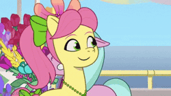 Size: 360x202 | Tagged: safe, edit, edited screencap, screencap, dahlia, hitch trailblazer, posey bloom, sunny starscout, earth pony, pony, g5, my little pony: tell your tale, neighfever, spoiler:g5, spoiler:my little pony: tell your tale, spoiler:tyts01e16, animated, bow, clothes, coat markings, confused, cringing, female, floppy ears, flower, flower in hair, gif, hair bow, happy, jewelry, male, mane stripe sunny, mare, necklace, oof, reversed, sad, scarf, socks (coat markings), stallion, tail, tail bow