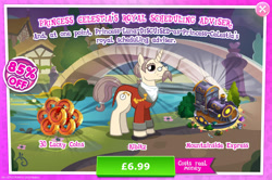 Size: 1956x1296 | Tagged: safe, gameloft, idw, kibitz, pony, unicorn, g4, my little pony: magic princess, advertisement, book, bucket, bush, costs real money, english, facial hair, glasses, horn, idw showified, introduction card, male, moustache, numbers, pickaxe, sale, solo, stallion, tail tie, text, train