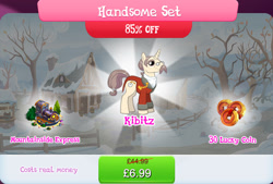 Size: 1264x856 | Tagged: safe, gameloft, idw, kibitz, pony, unicorn, g4, my little pony: magic princess, book, bucket, bundle, bush, costs real money, english, facial hair, glasses, horn, idw showified, male, moustache, numbers, pickaxe, sale, solo, stallion, tail tie, text, train