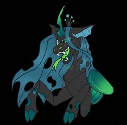 Size: 1024x1008 | Tagged: safe, artist:artsysimurgh, queen chrysalis, changeling, changeling queen, g4, black background, female, forked tongue, green tongue, open mouth, sharp teeth, simple background, solo, teeth, tongue out