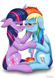 Size: 2480x3507 | Tagged: safe, artist:twidasher, rainbow dash, twilight sparkle, pegasus, pony, unicorn, g4, blushing, crying, duo, duo female, eye contact, feather, female, floppy ears, high res, holding hooves, horn, lesbian, looking at each other, looking at someone, mare, open mouth, ship:twidash, shipping, signature, simple background, sitting, unicorn twilight, white background