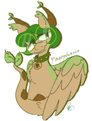 Size: 710x930 | Tagged: safe, artist:pagophasia, derpibooru exclusive, oc, oc only, oc:hortis culture, hybrid, pony, bust, collar, ear tufts, glasses, horns, leaf, nonbinary, ponysona, portrait, round glasses, short hair, simple background, smiling, solo, white background