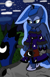 Size: 1336x2048 | Tagged: safe, artist:tenebrousmelancholy, princess luna, alicorn, anthro, unguligrade anthro, g4, clothes, digital art, eyeshadow, forest, jewelry, leggings, looking up, makeup, moon, moonlight, night, redraw, regalia, royalty, scythe, skull, walking