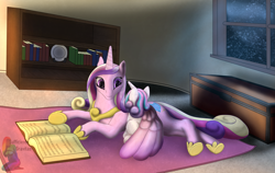 Size: 3425x2160 | Tagged: safe, artist:sufficientgravitas, princess cadance, princess flurry heart, alicorn, pony, g4, book, female, high res, hug, indoors, lying down, mama cadence, mother and child, mother and daughter, night, reading, relaxing, sitting, winghug, wings