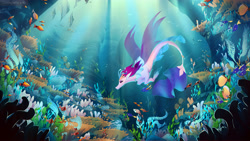 Size: 3733x2100 | Tagged: safe, artist:littlepolly, queen novo, fish, seapony (g4), g4, my little pony: the movie, beautiful, clothes, colored pupils, coral, crepuscular rays, crown, digital art, dorsal fin, female, fin wings, fins, fish tail, flowing mane, flowing tail, high res, jewelry, ocean, purple eyes, regalia, scenery, scenery porn, seaweed, solo, sunlight, swimming, tail, underwater, water, wings