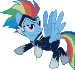 Size: 921x867 | Tagged: safe, edit, edited screencap, editor:pascalmulokozi2, screencap, rainbow dash, zapp, pegasus, pony, g4, power ponies (episode), background removed, flying, not a vector, power ponies, simple background, solo, transparent background