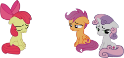 Size: 1307x612 | Tagged: safe, artist:pascalmulokozi2, edit, edited screencap, screencap, apple bloom, scootaloo, sweetie belle, earth pony, pegasus, pony, unicorn, g4, growing up is hard to do, background removed, cutie mark crusaders, depressed, eyes closed, female, filly, floppy ears, foal, not a vector, sad, simple background, transparent background, trio, trio female
