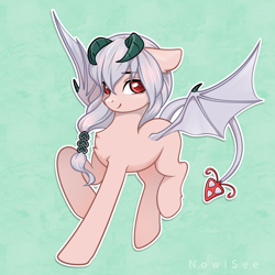 Size: 2500x2500 | Tagged: safe, artist:inowiseei, oc, demon, demon pony, bat wings, female, green background, high res, mare, simple background, solo, wings