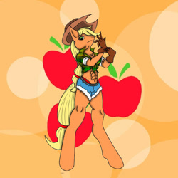 Size: 600x600 | Tagged: safe, artist:darknazawrath, applejack, earth pony, anthro, unguligrade anthro, g4, abstract background, clothes, female, gloves, hat, midriff, shorts, solo
