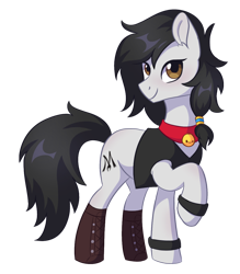 Size: 1266x1444 | Tagged: safe, artist:skysorbett, oc, oc only, oc:double m, earth pony, pony, 2023 community collab, derpibooru community collaboration, bell, bell collar, black mane, black tail, boots, brown eyes, clothes, collar, crossdressing, earth pony oc, eyelashes, femboy, jacket, looking at you, male, pony oc, shoes, simple background, smiling, smiling at you, solo, stallion, stallion oc, tail, transparent background, white coat