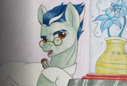 Size: 1660x1125 | Tagged: safe, artist:mintytreble, oc, oc only, oc:crimroot, earth pony, pony, clothes, glasses, lab coat, poison joke, scar, science, scientist, solo