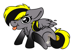Size: 957x728 | Tagged: safe, artist:rokosmith26, oc, oc only, oc:nuclear night, pegasus, pony, angy, big eyes, cheeky, chest fluff, chibi, commission, cute, derp, female, floppy ears, mare, pegasus oc, simple background, sitting, solo, spread wings, tongue out, transparent background, underhoof, wings, ych result