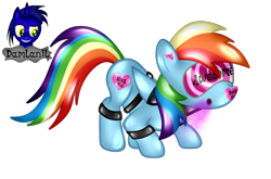 Size: 3232x2128 | Tagged: safe, artist:damlanil, rainbow dash, latex pony, original species, pegasus, pony, g4, bdsm, bondage, bound wings, close-up, clothes, collar, cuffs, encasement, female, gas mask, heart, high res, hypnogear, latex, living latex, mare, mask, mind control, restrained, rubber, rubber drone, rubber suit, shiny, shiny mane, show accurate, simple background, solo, story, story included, transformation, transparent background, vector, visor, wings