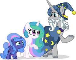 Size: 3029x2390 | Tagged: safe, artist:helenosprime, princess celestia, princess luna, star swirl the bearded, alicorn, pony, unicorn, g4, cewestia, elderly, female, filly, high res, male, s1 luna, simple background, stallion, teacher and student, transparent background, woona, young celestia, young luna, younger