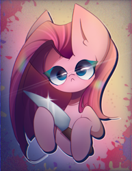 Size: 1700x2200 | Tagged: safe, artist:miryelis, pinkie pie, earth pony, pony, g4, big ears, bust, cute, cuteamena, diapinkes, glowing, glowing eyes, holding, impossibly large ears, knife, looking at you, pinkamena diane pie, simple background, solo, straight hair