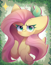 Size: 1700x2150 | Tagged: safe, artist:miryelis, fluttershy, butterfly, pegasus, pony, g4, big ears, blushing, bust, cute, female, impossibly large ears, leaves, long hair, looking at you, mare, shy, shyabetes, simple background, solo