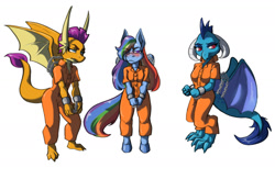 Size: 1866x1217 | Tagged: safe, artist:megahand6, princess ember, rainbow dash, smolder, dragon, pegasus, anthro, unguligrade anthro, g4, bound wings, clothes, cuffed, cuffs, dragoness, female, jumpsuit, never doubt rainbowdash69's involvement, prison outfit, prisoner ember, prisoner rd, prisoner smolder, simple background, trio, white background, wings