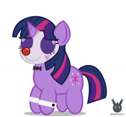 Size: 1255x1176 | Tagged: safe, artist:wheatley r.h., derpibooru exclusive, oc, oc only, oc:twi clown, pony, unicorn, g4, chibi, clone, clown makeup, cuffs (clothes), female, horn, mare, red nose, simple background, solo, unicorn oc, vector, watermark, white background