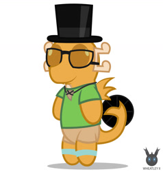 Size: 1255x1317 | Tagged: safe, artist:wheatley r.h., derpibooru exclusive, oc, oc only, oc:myoozik the dragon, dragon, chibi, clothes, dragon oc, glasses, hat, male, non-pony oc, simple background, solo, top hat, vector, watermark, white background