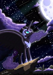 Size: 2893x4092 | Tagged: safe, artist:pendisplay, nightmare moon, alicorn, pony, g4, cloud, female, frown, high res, looking up, mare, moon, night, signature, sky, solo, spread wings, stars, wings