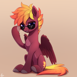 Size: 1000x1000 | Tagged: safe, artist:luminousdazzle, oc, oc only, oc:inferno, pegasus, pony, chest fluff, female, glasses, looking at you, mare, pegasus oc, simple background, sitting, smiling, solo, sunglasses