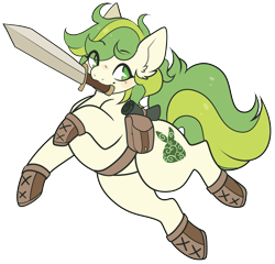 Size: 2521x2420 | Tagged: safe, artist:koboldcourier, oc, oc only, oc:karakusa, earth pony, pony, bag, high res, mouth hold, saddle bag, scroll, simple background, solo, sword, transparent background, weapon