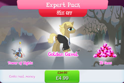 Size: 1263x854 | Tagged: safe, gameloft, golden gavel, vance van vendington, pony, unicorn, g4, my little pony: magic princess, bundle, clothes, costs real money, english, expert pack, gem, glasses, horn, male, necktie, numbers, solo, stairs, stallion, suit, text, tower