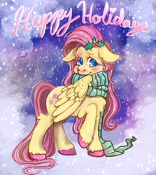 Size: 1342x1507 | Tagged: safe, artist:twiddletwum, fluttershy, pegasus, pony, g4, blushing, christmas, clothes, cute, female, floppy ears, happy holidays, holiday, holly, mare, scarf, shyabetes, snow, snowfall, solo, striped scarf, unshorn fetlocks
