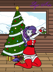 Size: 836x1138 | Tagged: safe, artist:linedraweer, rarity, human, equestria girls, g4, boots, christmas, christmas outfit, christmas tree, clothes, commission, dress, female, high heel boots, high heels, holiday, holly, holly mistaken for mistletoe, kneeling, shoes, thigh boots, tree, ych result