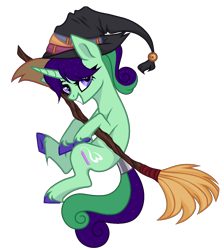Size: 1368x1527 | Tagged: safe, artist:existencecosmos188, oc, oc only, pony, unicorn, broom, commission, flying, flying broomstick, grin, hat, simple background, smiling, solo, transparent background, unshorn fetlocks, witch hat, ych result