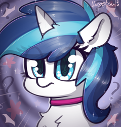 Size: 1206x1260 | Tagged: safe, artist:llametsul, shining armor, pony, unicorn, g4, chest fluff, choker, confused, eye clipping through hair, gleaming shield, poof, question mark, rule 63, solo, sparkles, swirly eyes