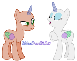 Size: 800x630 | Tagged: safe, artist:existencecosmos188, oc, oc only, alicorn, pony, alicorn oc, bald, base, duo, eyes closed, eyeshadow, horn, makeup, raised hoof, simple background, smiling, suspicious, transparent background, wings