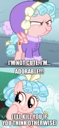 Size: 254x546 | Tagged: safe, edit, edited screencap, screencap, cozy glow, pegasus, pony, frenemies (episode), g4, marks for effort, season 8, season 9, angry, bait and switch, bow, caption, clothes, comic, cozy glow is not amused, cozybetes, cute, female, filly, foal, hair bow, image macro, imgflip, screencap comic, solo, tail, tail bow, text, unamused, vein, winter outfit