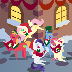 Size: 2160x2160 | Tagged: safe, anonymous artist, big macintosh, fluttershy, rarity, toe-tapper, torch song, earth pony, pegasus, pony, series:fm holidays, series:hearth's warming advent calendar 2022, g4, advent calendar, book, bowtie, caroling, christmas, eyes closed, female, hat, high res, holiday, holly, hood, lineless, male, mare, open mouth, open smile, pointy ponies, ponytones, shawl, ship:fluttermac, shipping, singing, smiling, snow, stallion, straight, top hat