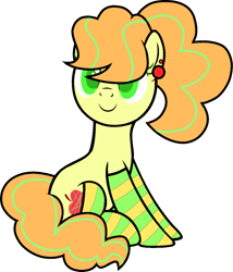 Size: 1112x1301 | Tagged: safe, artist:icicle-niceicle-1517, artist:yeetmedownthestairs, oc, oc only, oc:apple needle, earth pony, pony, 2023 community collab, derpibooru community collaboration, clothes, collaboration, colored, ear piercing, earring, female, jewelry, mare, piercing, ponytail, simple background, sitting, socks, solo, striped socks, transparent background