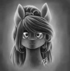 Size: 2015x2044 | Tagged: safe, artist:prettyshinegp, oc, oc only, earth pony, pony, bust, earth pony oc, female, gradient background, grayscale, high res, mare, monochrome, signature, smiling, solo