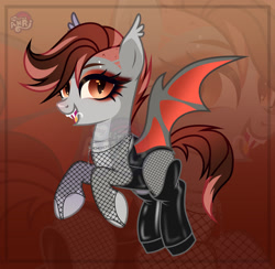 Size: 1280x1250 | Tagged: safe, artist:emperor-anri, oc, oc only, bat pony, pony, bat pony oc, chains, clothes, cute, cute little fangs, ear fluff, eyelashes, eyeshadow, fangs, female, fishnet stockings, jewelry, latex, latex socks, lip piercing, makeup, mare, necklace, piercing, shiny, slit pupils, smiling, socks, solo, zoom layer