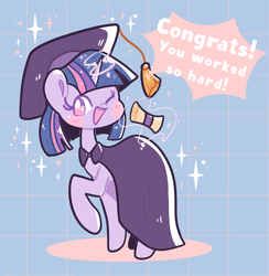 Size: 2537x2603 | Tagged: safe, artist:typhwosion, twilight sparkle, pony, g4, :d, cape, clothes, graduation cap, hat, high res, one eye closed, open mouth, open smile, positive ponies, smiling, solo, sparkles