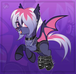 Size: 1280x1250 | Tagged: safe, artist:emperor-anri, oc, oc only, bat pony, pony, bat pony oc, boots, chains, choker, cute, cute little fangs, ear fluff, ear piercing, earring, eyelashes, eyeshadow, fangs, female, fishnet stockings, flying, jewelry, makeup, mare, nose piercing, piercing, shoes, slit pupils, smiling, solo, zoom layer