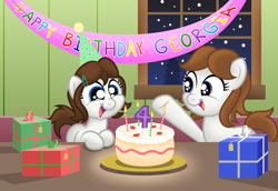 Size: 3547x2440 | Tagged: safe, artist:aleximusprime, oc, oc only, pony, birthday, birthday cake, birthday candles, cake, candle, commission, cute, duo, food, happy birthday, hat, high res, open mouth, open smile, party hat, present, smiling, snow